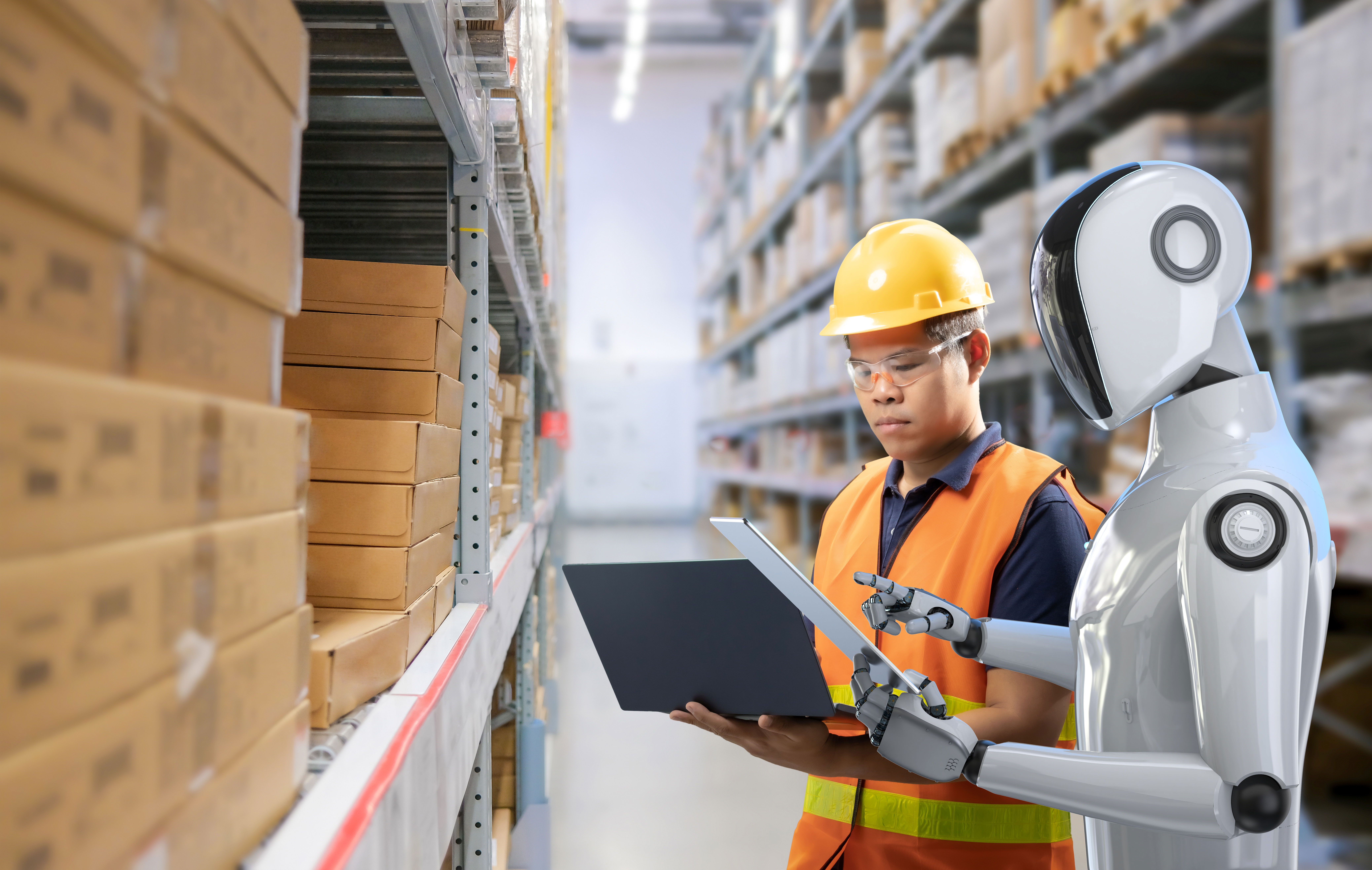 אילוסטרציה של בנאדם ורובוט משתפים פעולה במקום העבודה