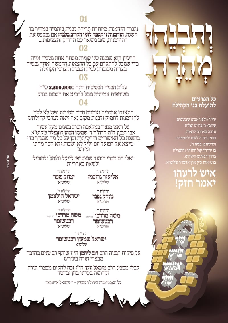 פרויקט התרמה לבנית ביהמ"ד פינסק קארלין ביתר עלית