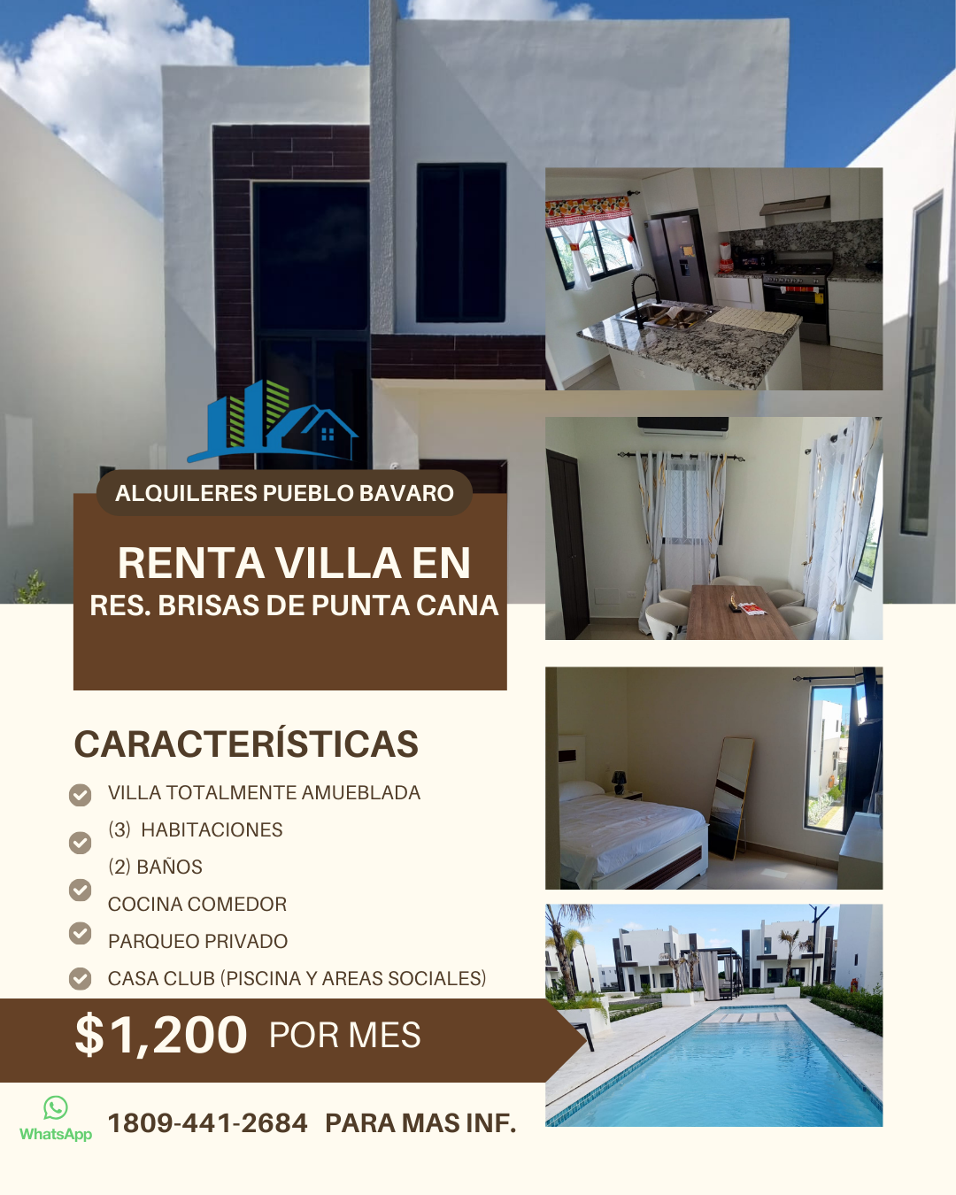 Rento Villa  de Tres (3) Habitaciones