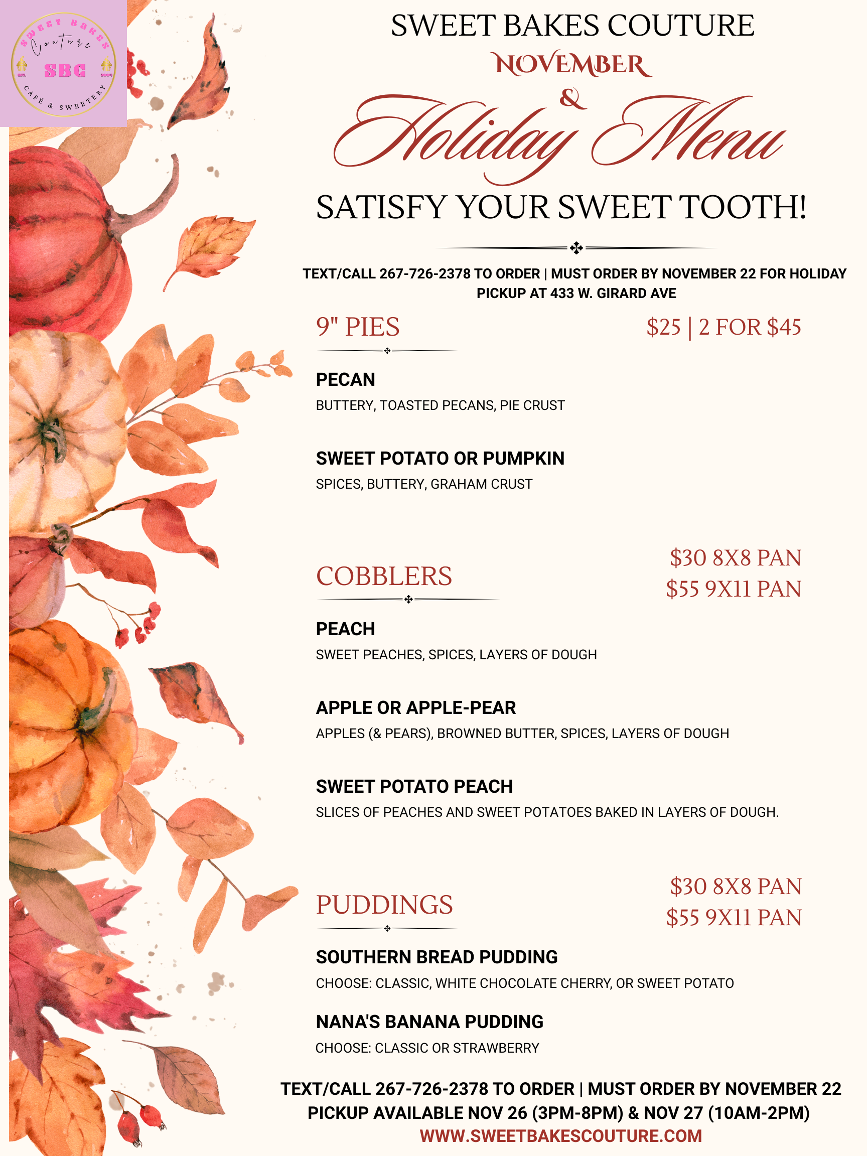 Place order by Nov. 22 for holiday pickup