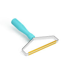 A small, deshedding tool with a blue handle.