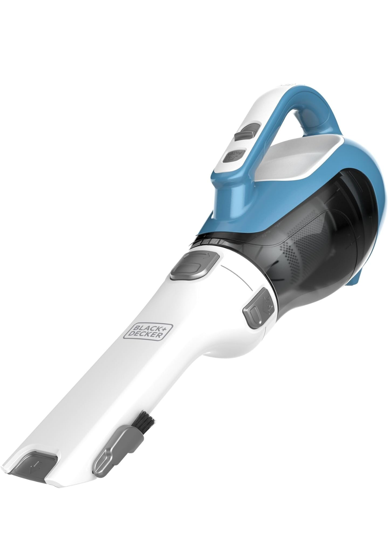 Dust buster with a long, white nozzle and blue handle.