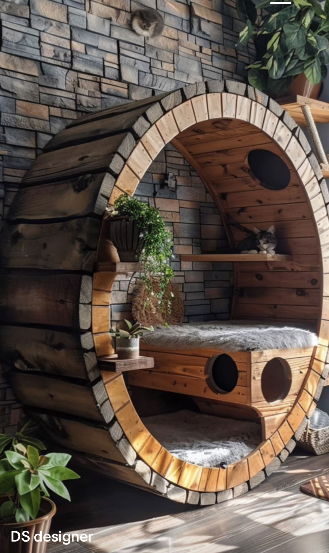 wooden wheel cat tower