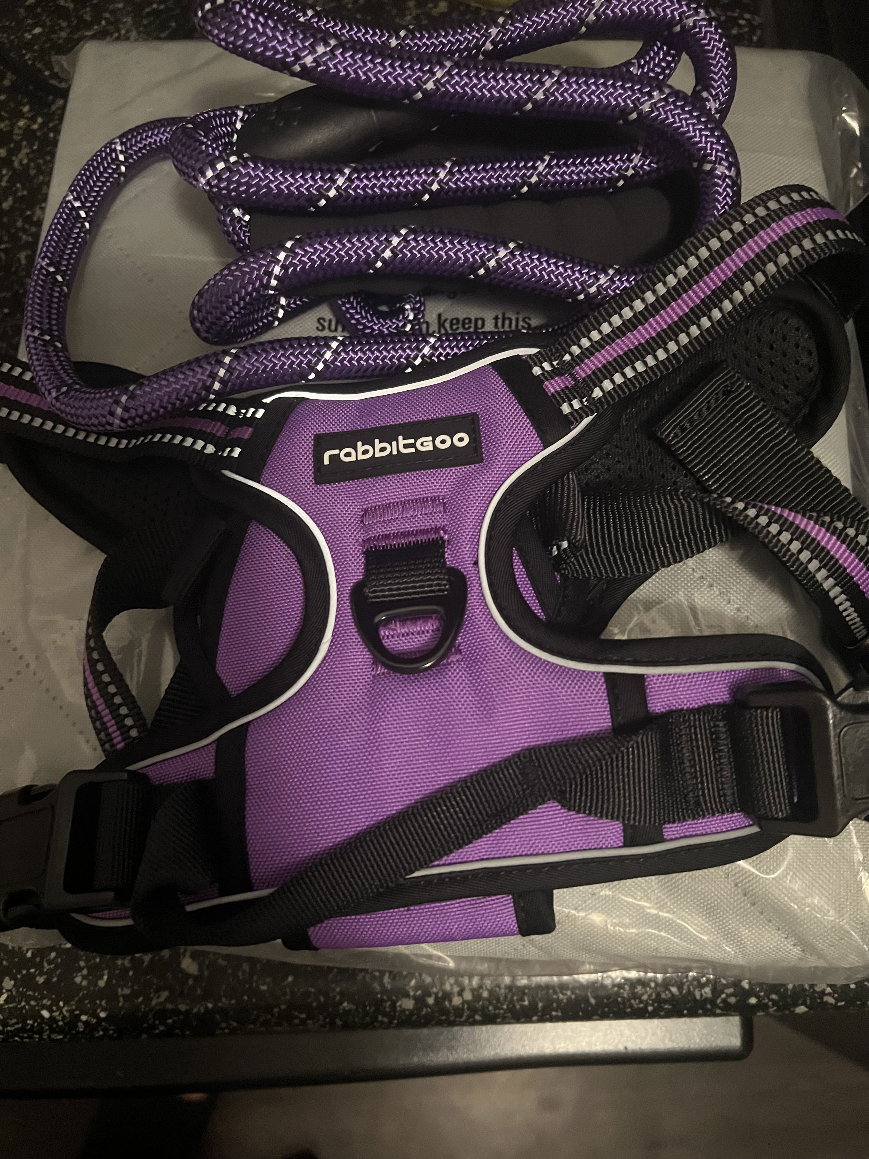 purple and black dog harness with purple and black leash