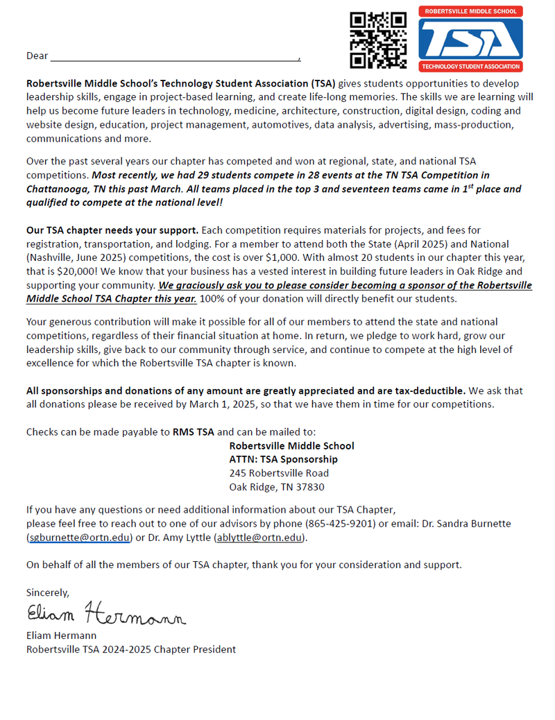 Help Sponsor the Robertsville TSA