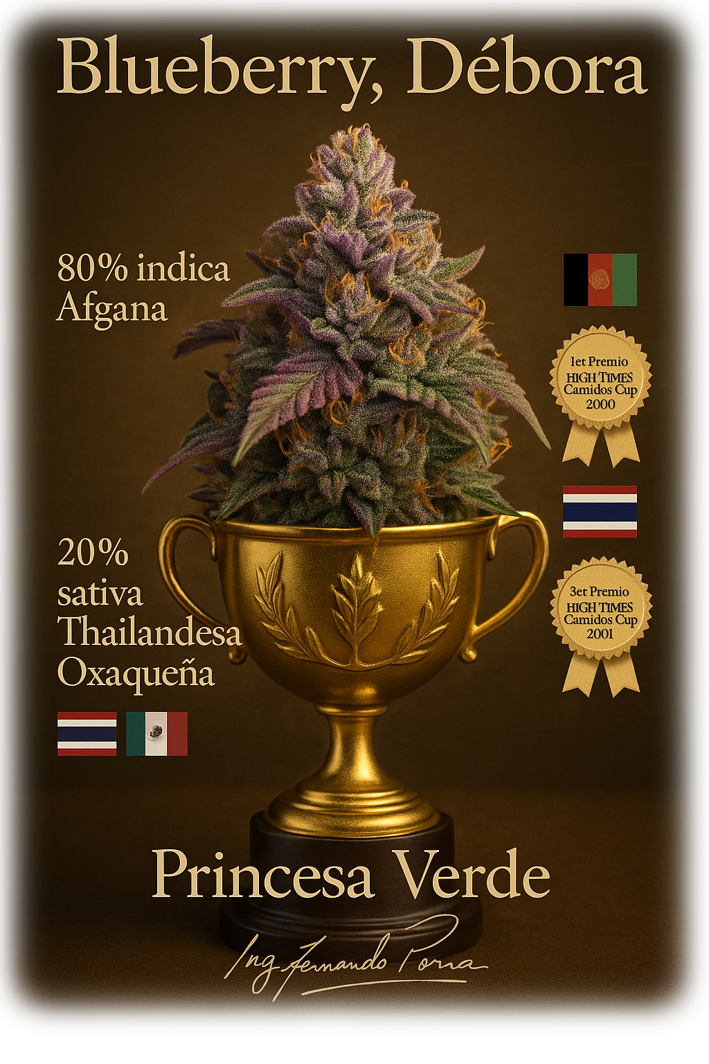 Blueberry, Débora   Princesa Verde   80% Índica Afgana – 20% Sativa (Thai / Oaxaqueña)   Ing. Fernando Porras   1er Premio – High Times Cannabis Cup 2000   3er Premio – High Times Cannabis Cup 2001   “Trátame con respeto y te recompensaré con un aroma que el alma nunca olvida.   Te devuelvo lo mejor de mí.”  
