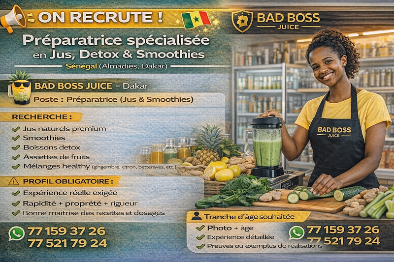 🥤 Offre – Préparatrice spécialisée en Jus, Detox & Smoothies – Sénégal