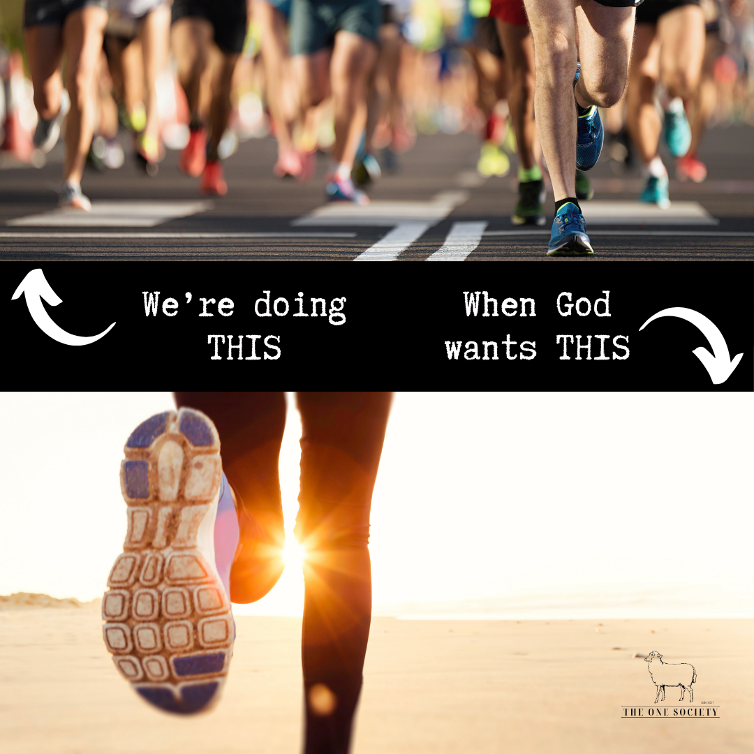 a marathon on top and solo runner on bottom implying God wants us to run our own race