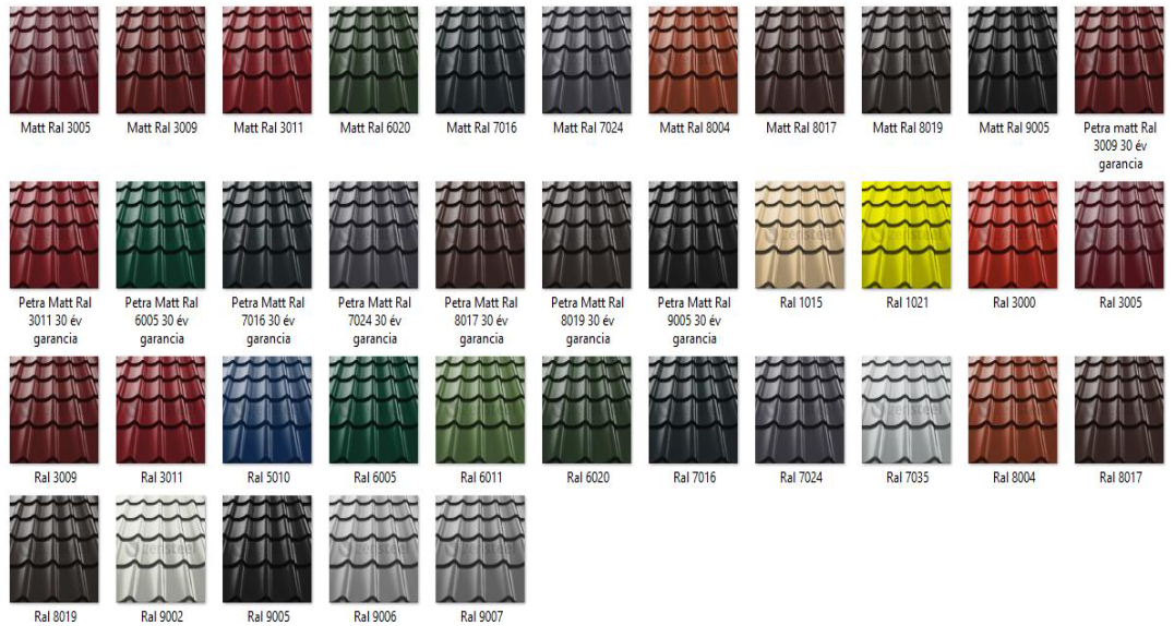 cserepeslemez színskála