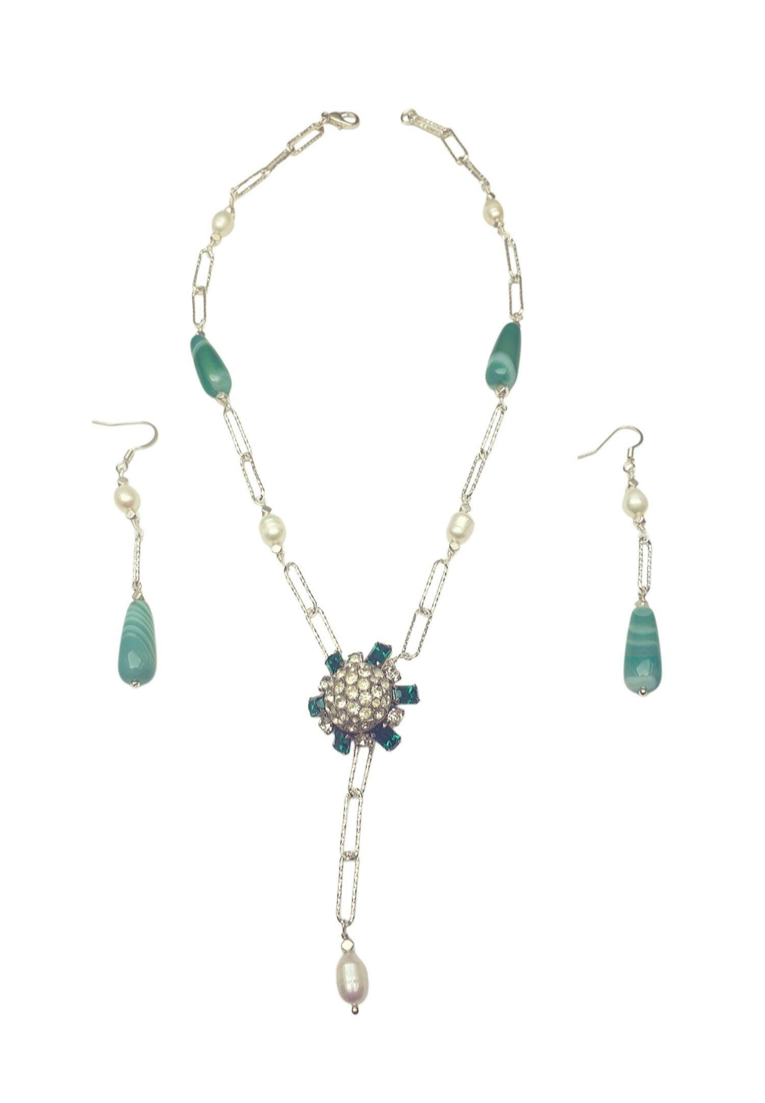 Pearl Necklace With Teardrop Agate & Earrings