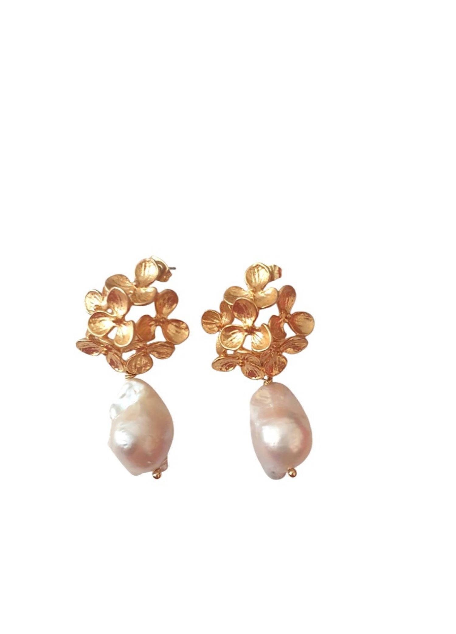 Floral Gold Stud Earrings With Unique Baroque Pearls