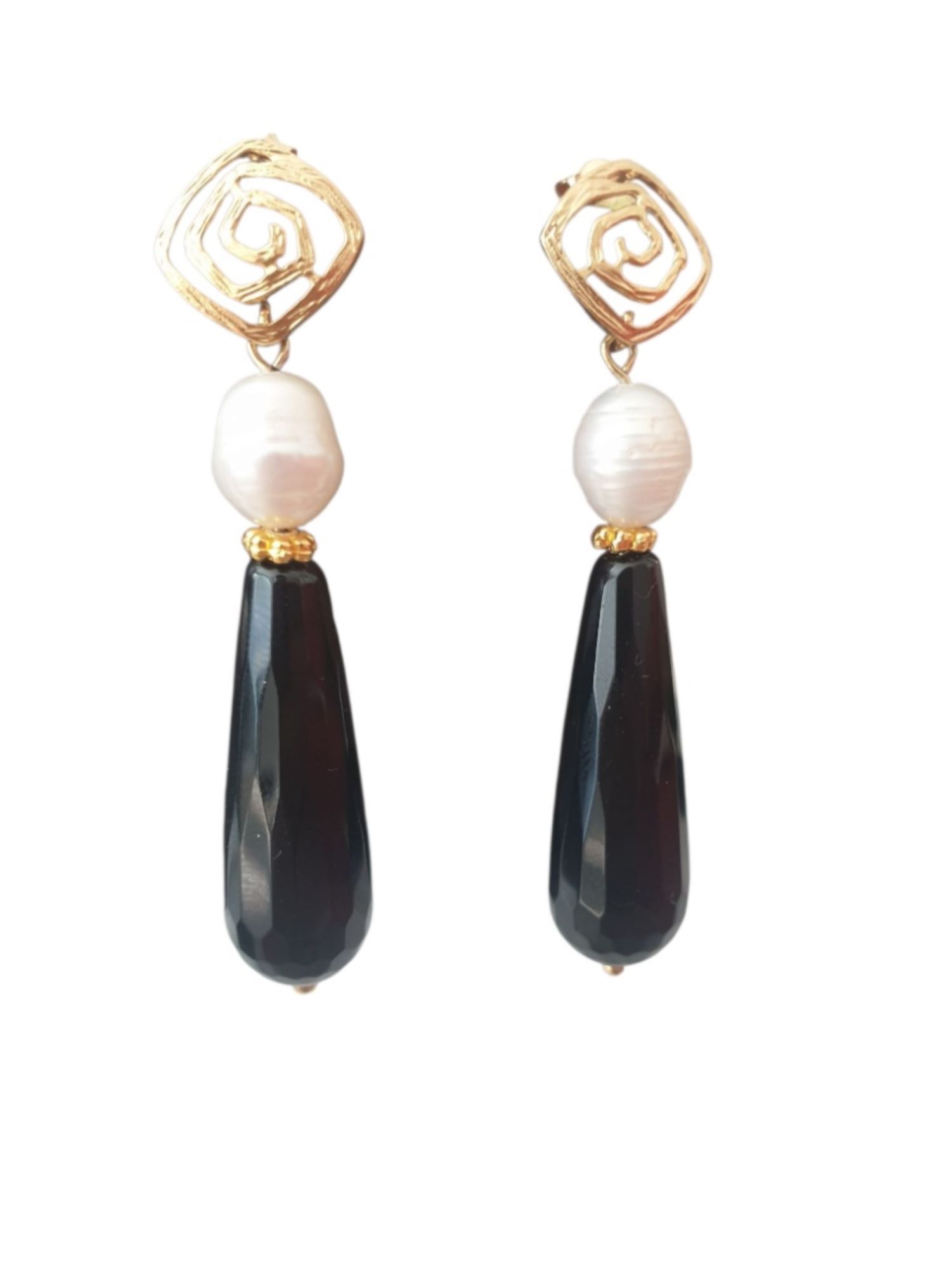 Pearl & Black Agate Stud Earrings