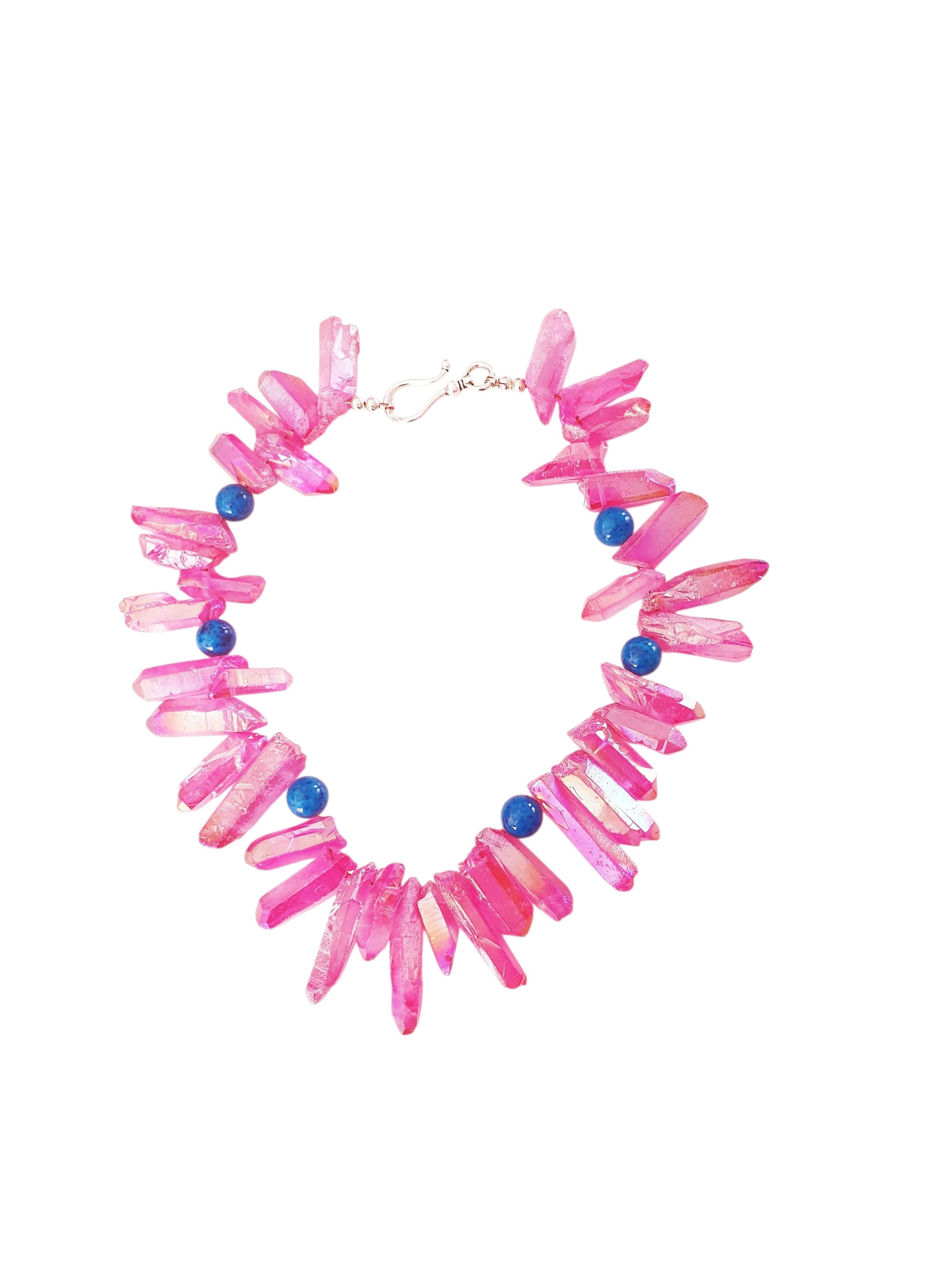 Pink Quartz Statement Necklace With Blue Agate