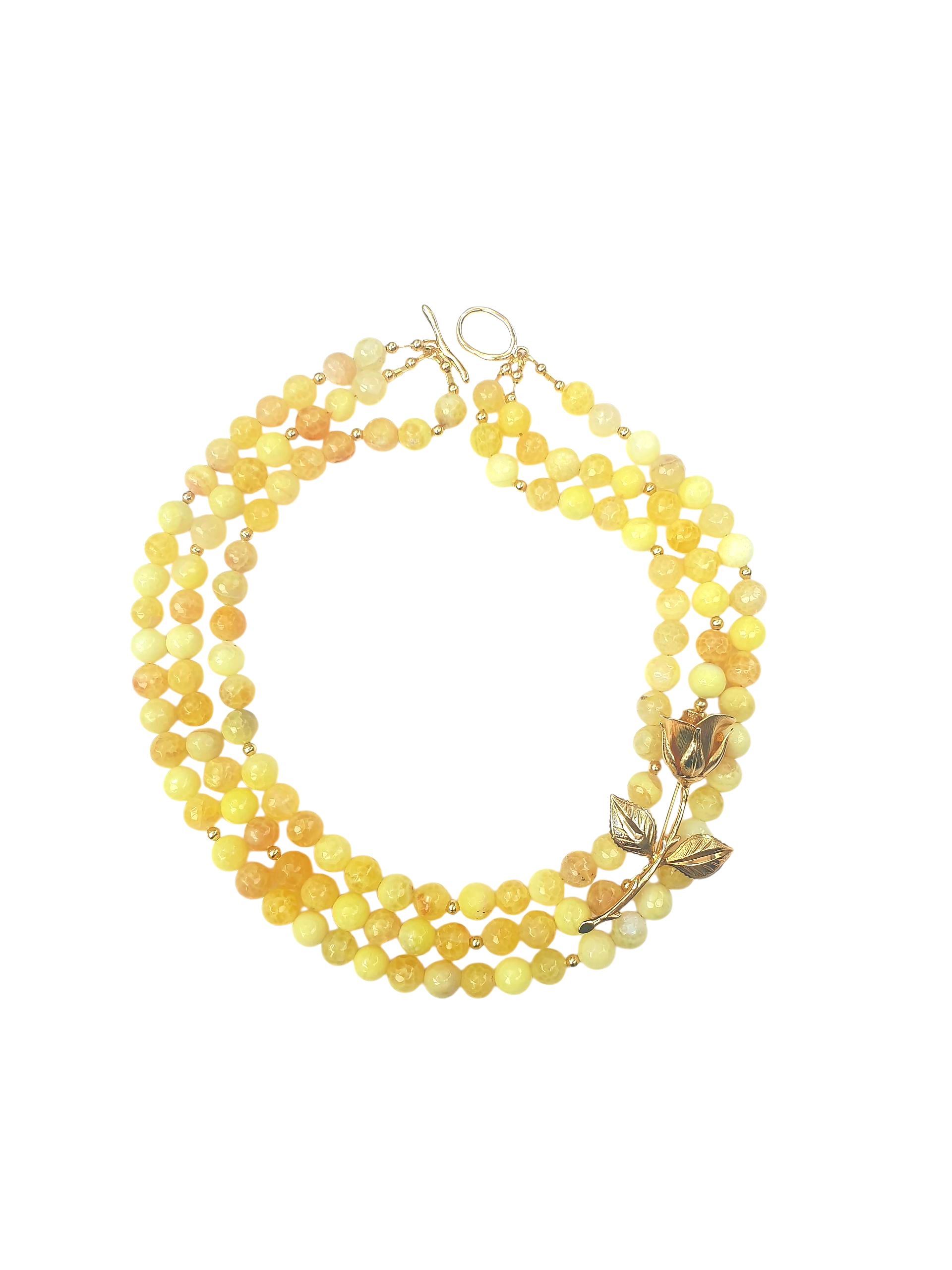 Yellow Agate Statement Necklace With Repurposed Rose Vintage Brooch