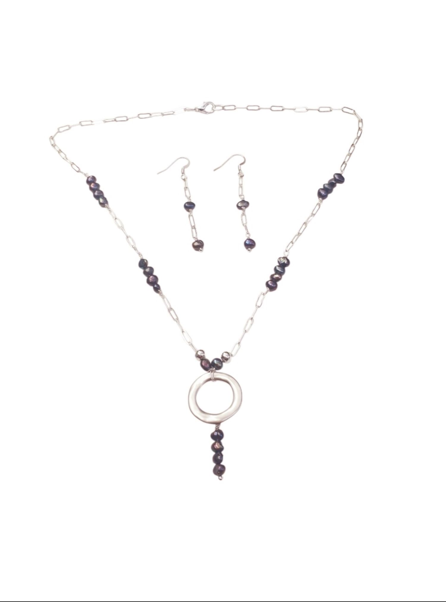 Fine Silver Chain with Black Pearls and Matching Earrings Set