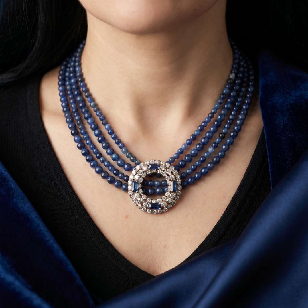 Lapis lazuli necklace with vintage brooch - one of a kind