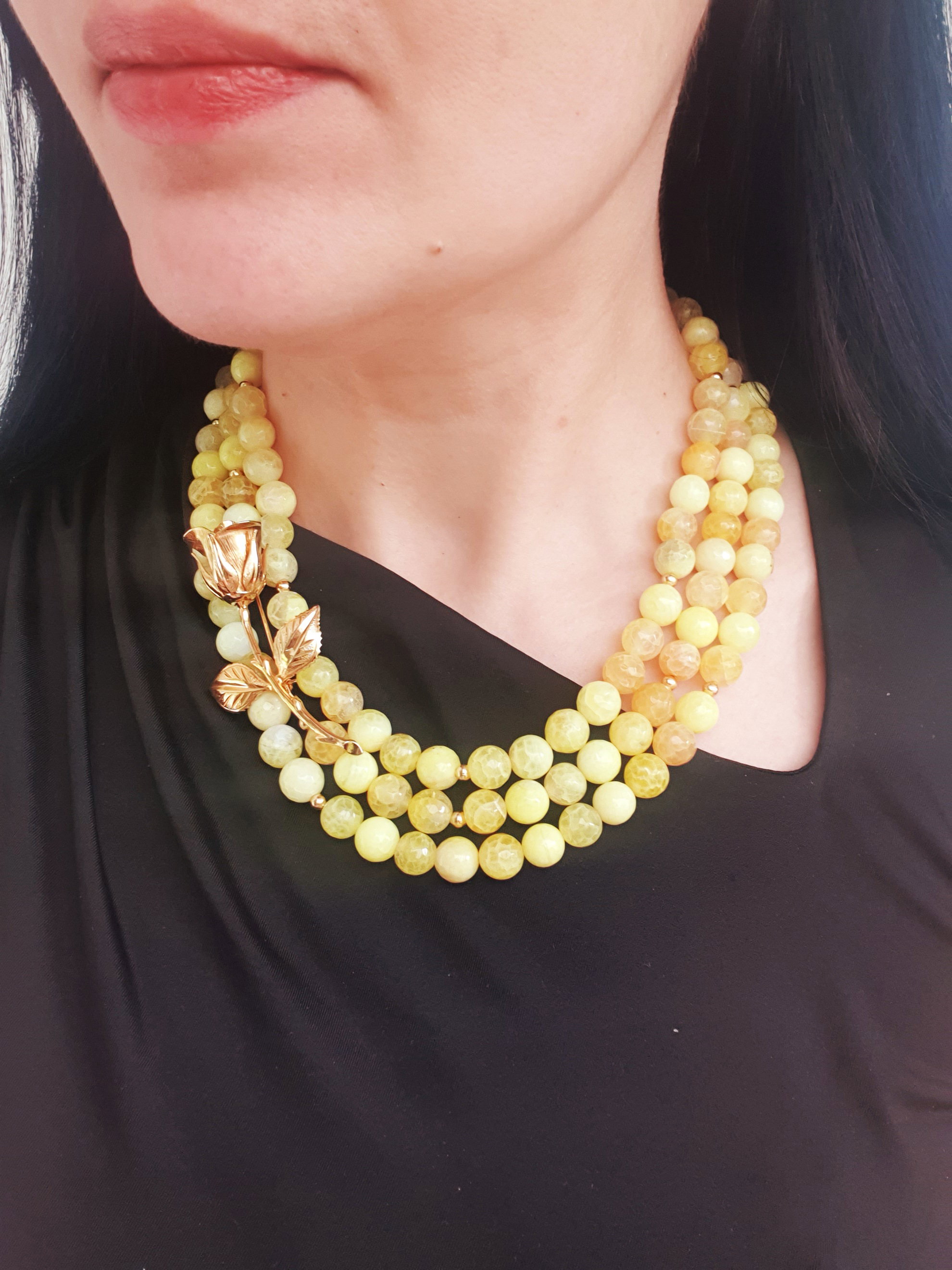 Agate necklace with vintage rose brooch