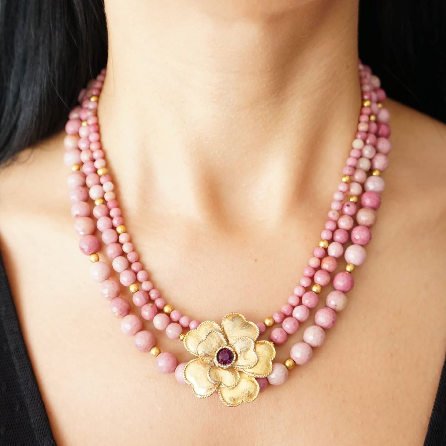 Rhodonite statement necklace with repurposed vintage brooch