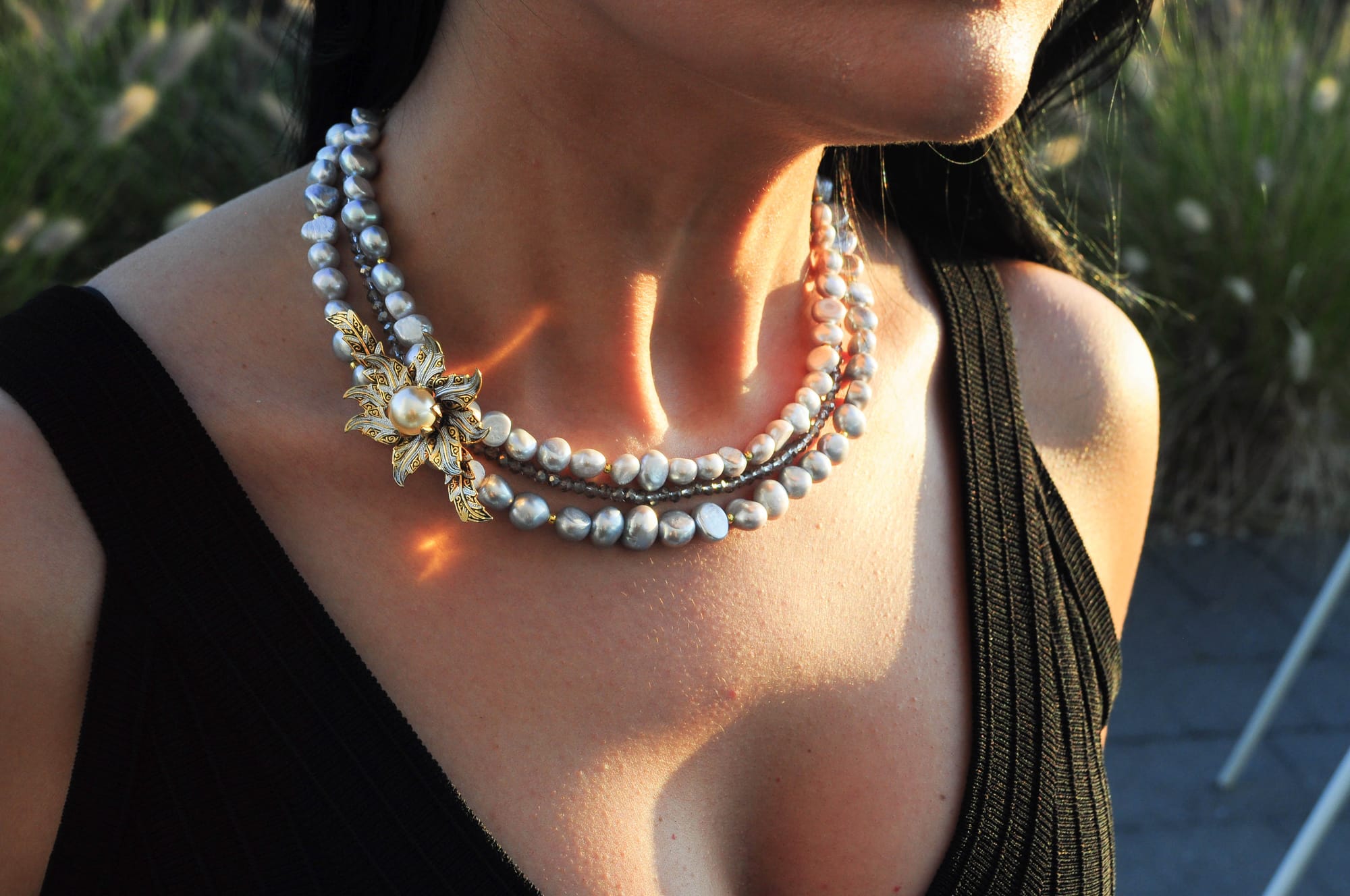 Pearls and crystals with a Spanish vintage brooch