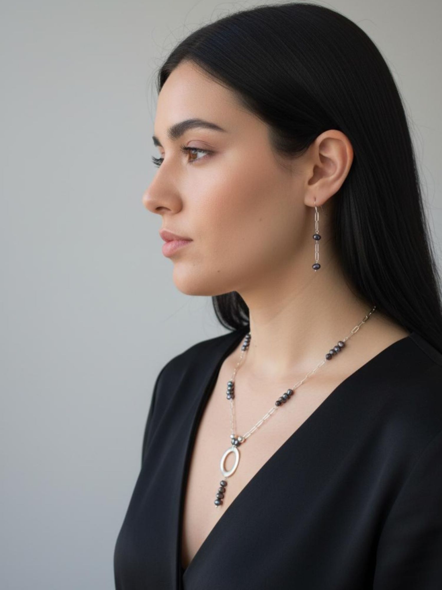 Black pearls on silver chain