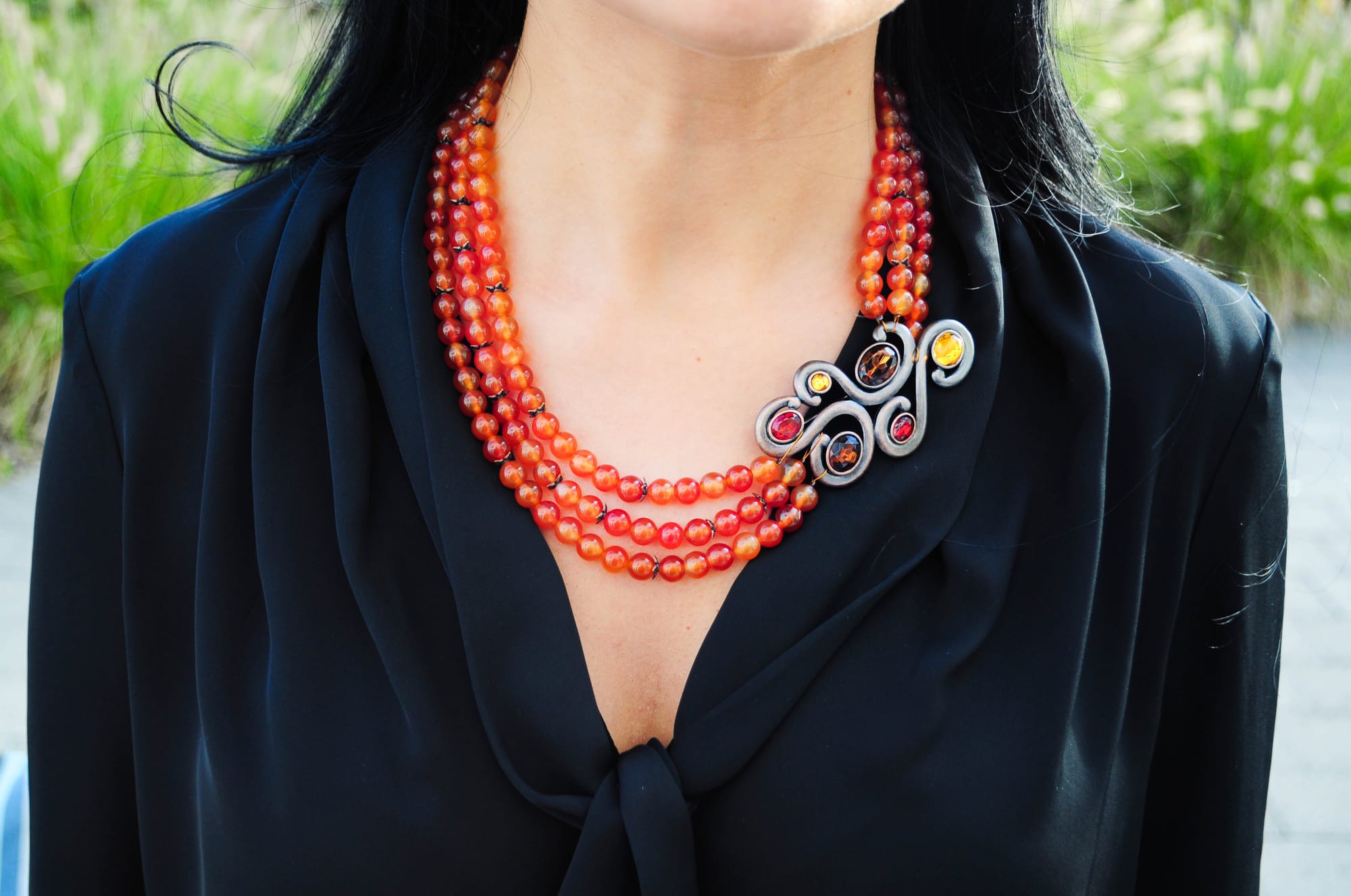 Carnelian statement necklace with vintage brooch