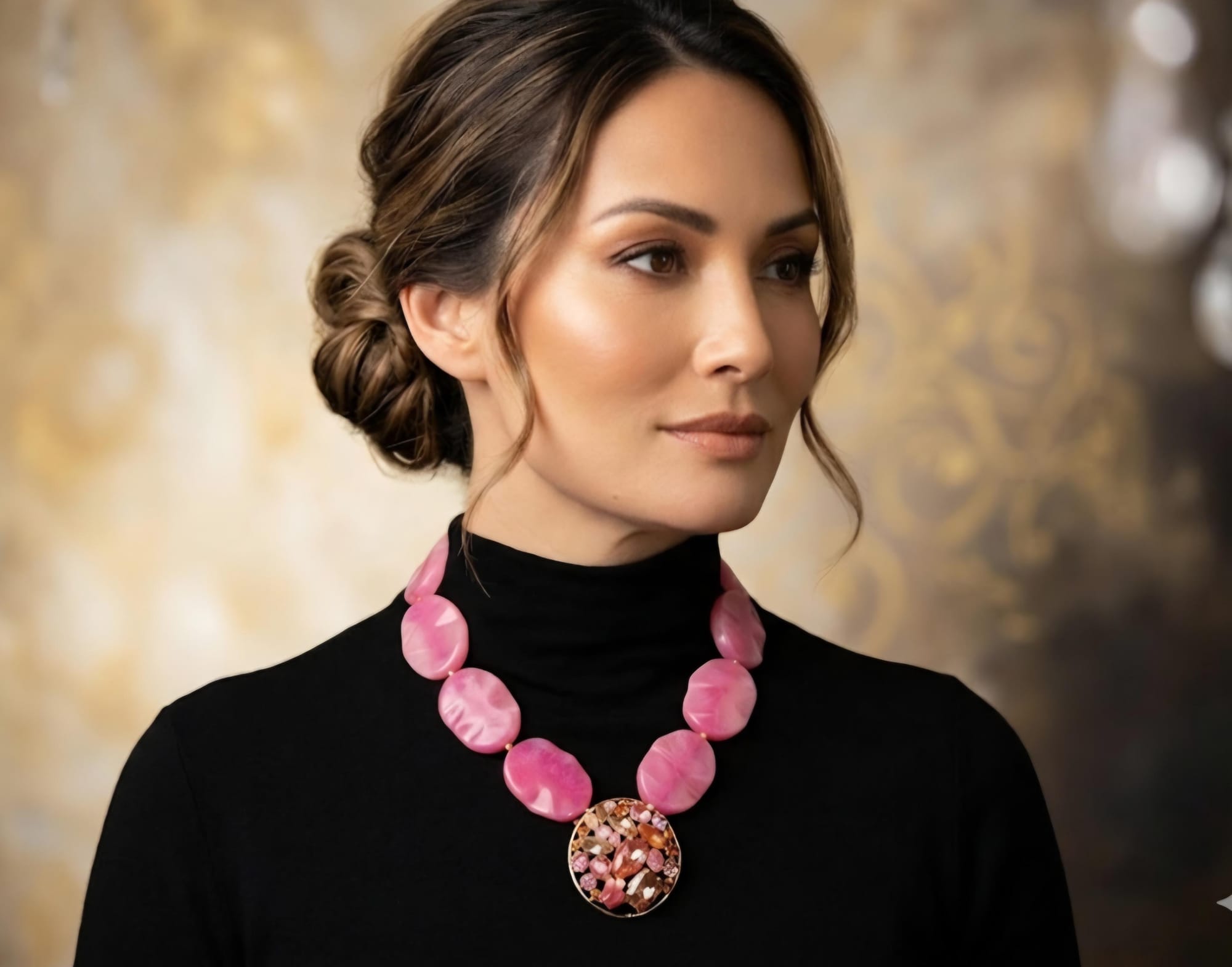 Pink resin statement necklace with vintage brooch