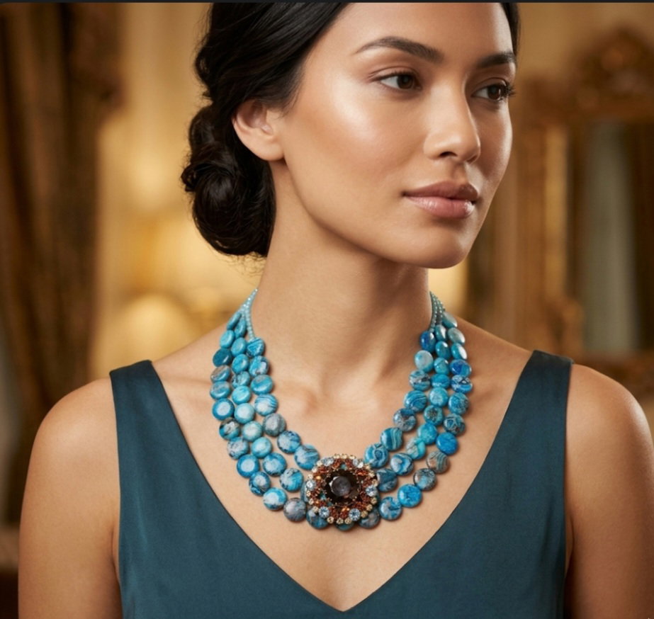 Agate necklace with antique brooch