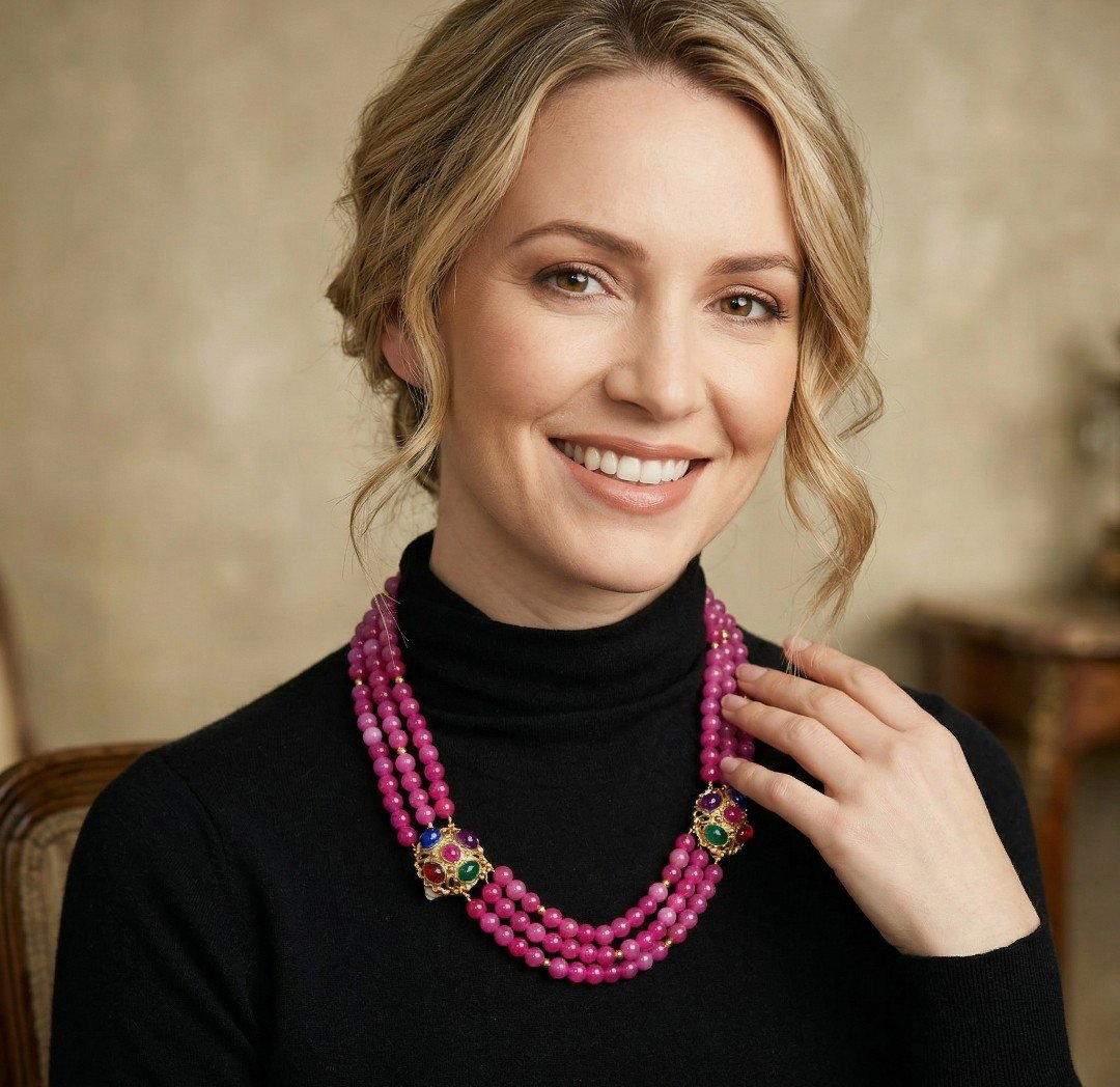 Pink jade necklace with repurposed vintage earrings