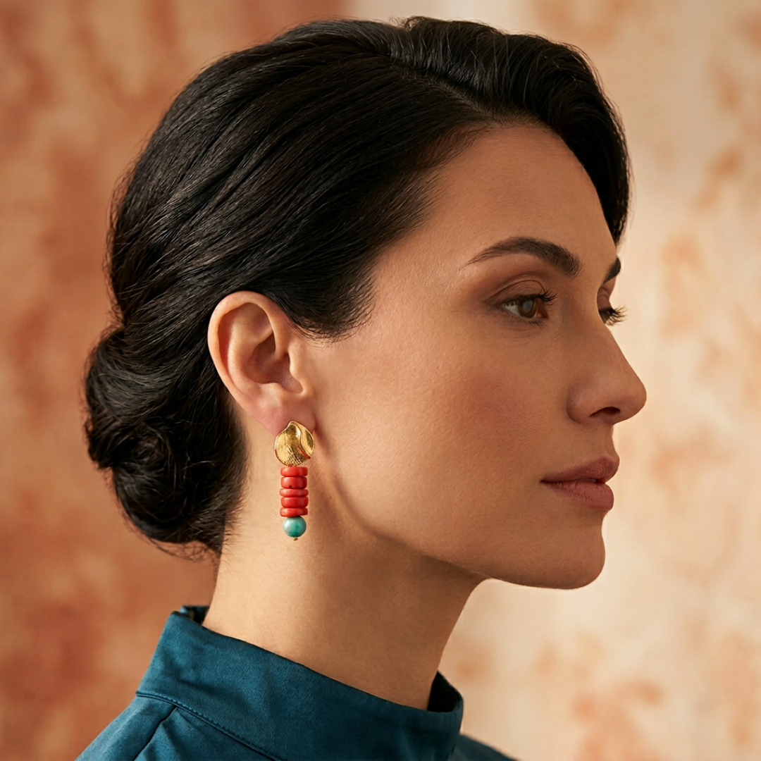 Coral and jade gold-plated studs