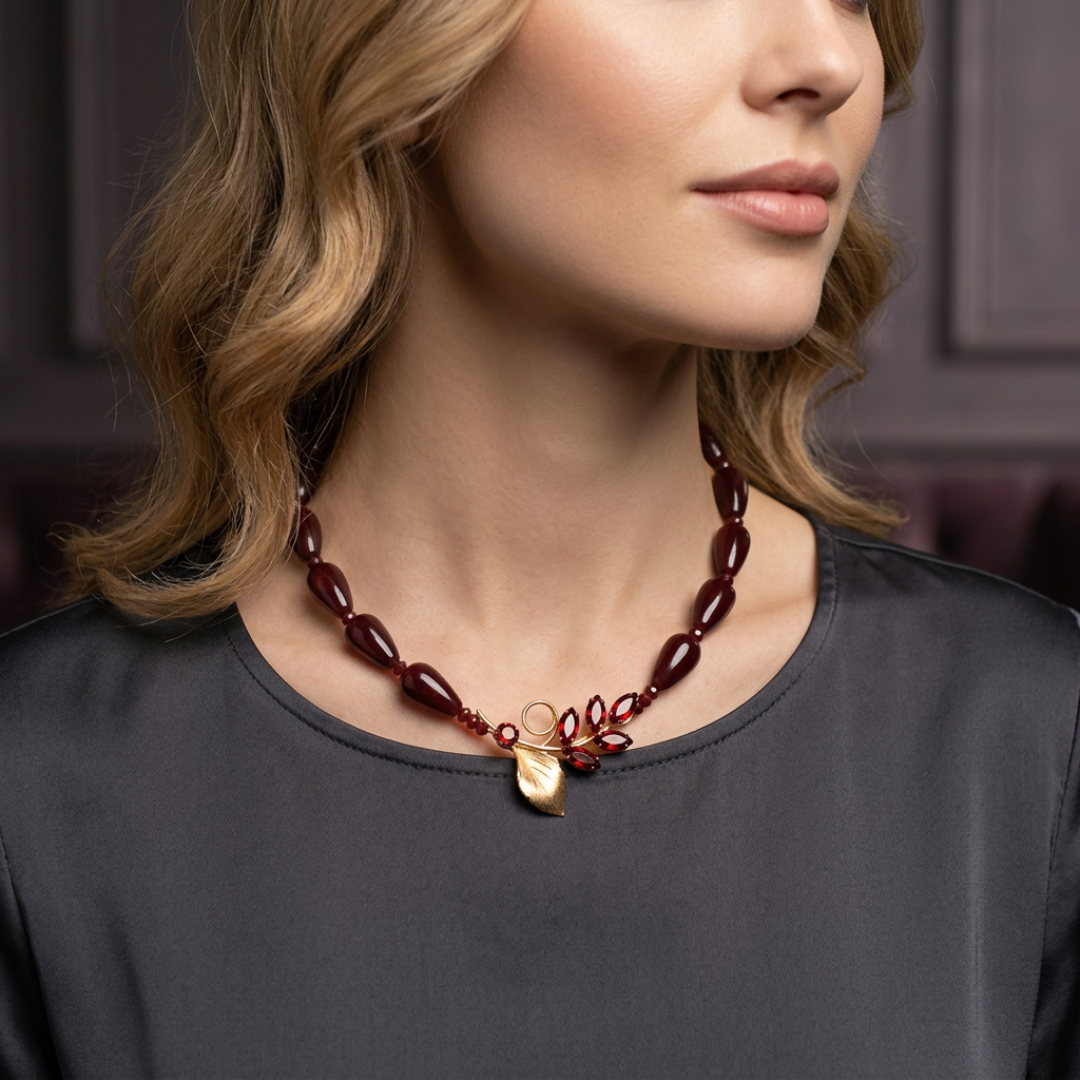 Red agate necklace with vintage brooch