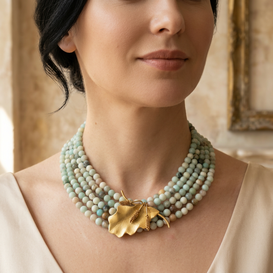 Amazonite necklace with vintage brooch