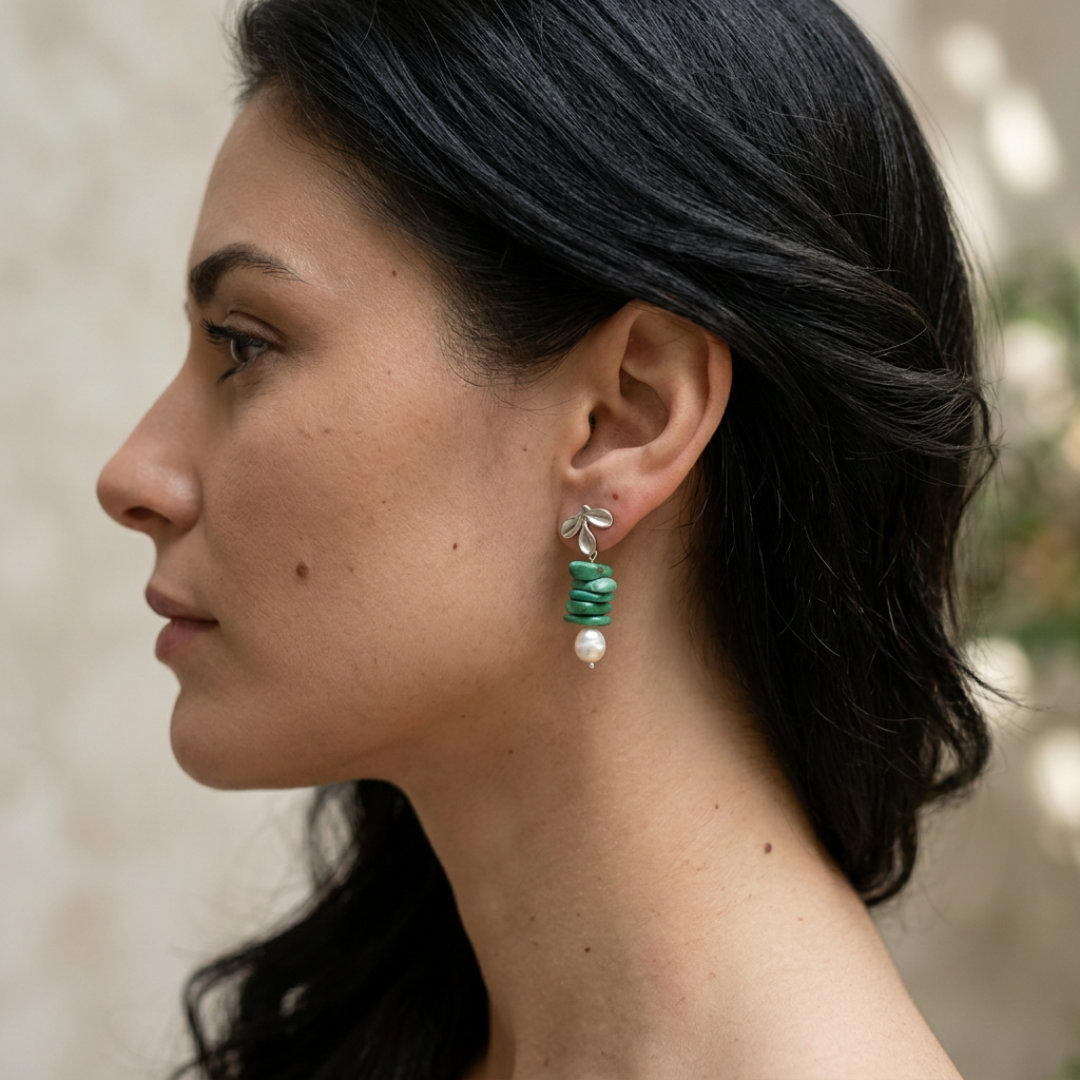Jade and pearls on leaf silver-plated earrings