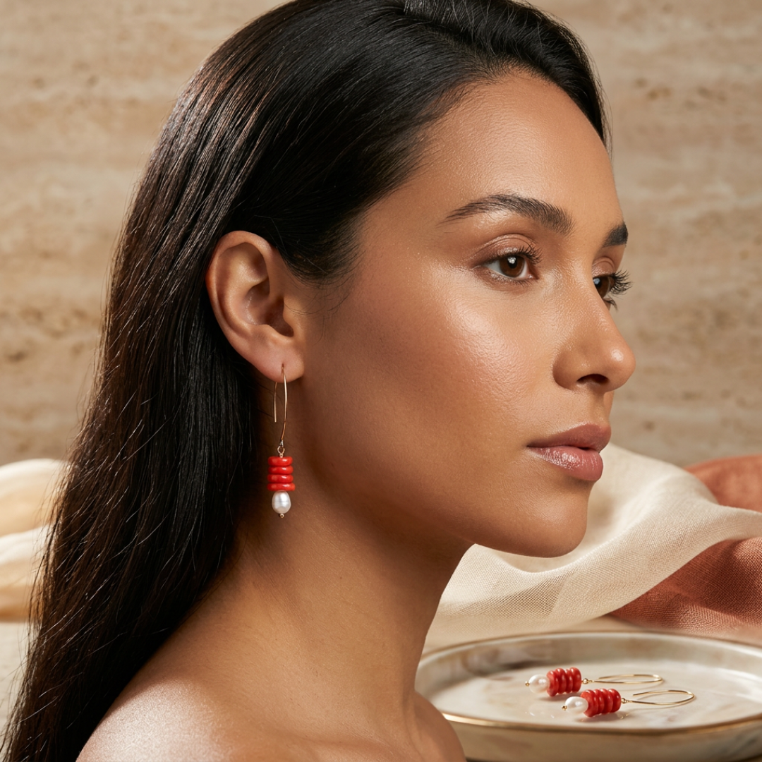 Coral and pearl gold-plated earrings