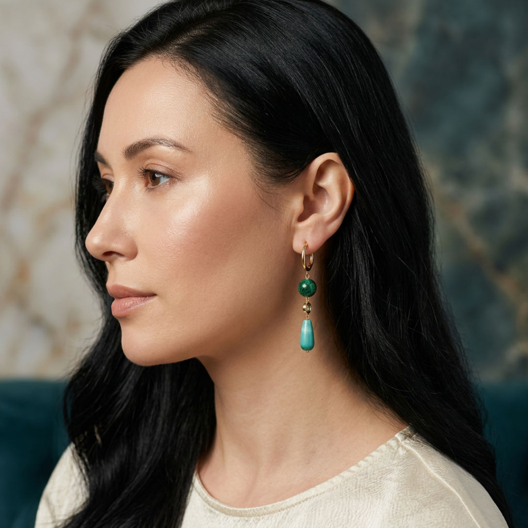 Gold plated hoop earrings with chrysocolla, zirconium & green jade