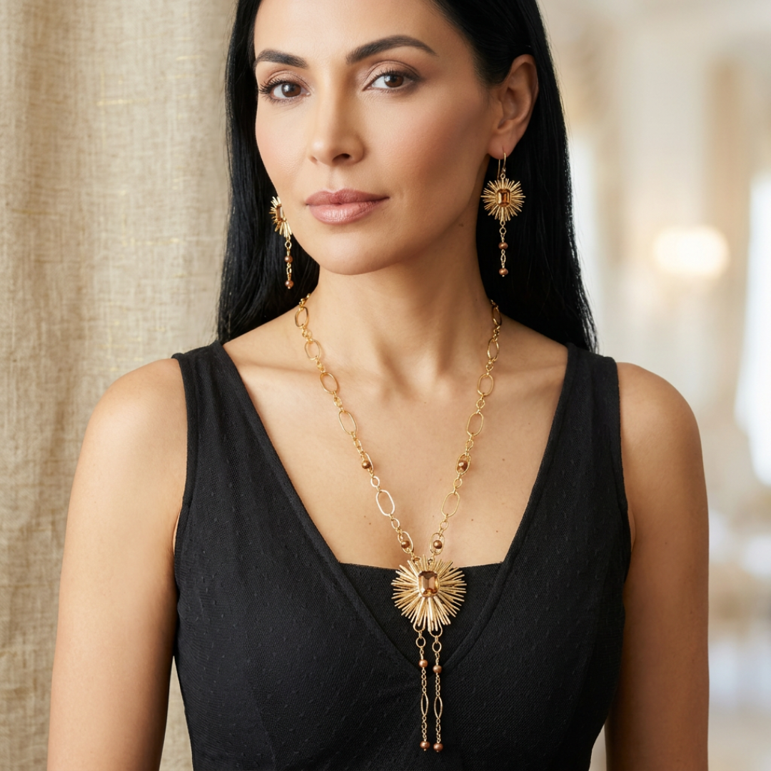 Gold-plated chain with pearls and a Trifari vintage brooch