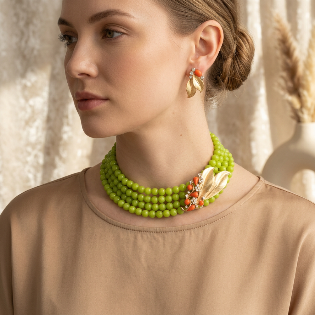 Jade necklace with a repurposed vintage brooch