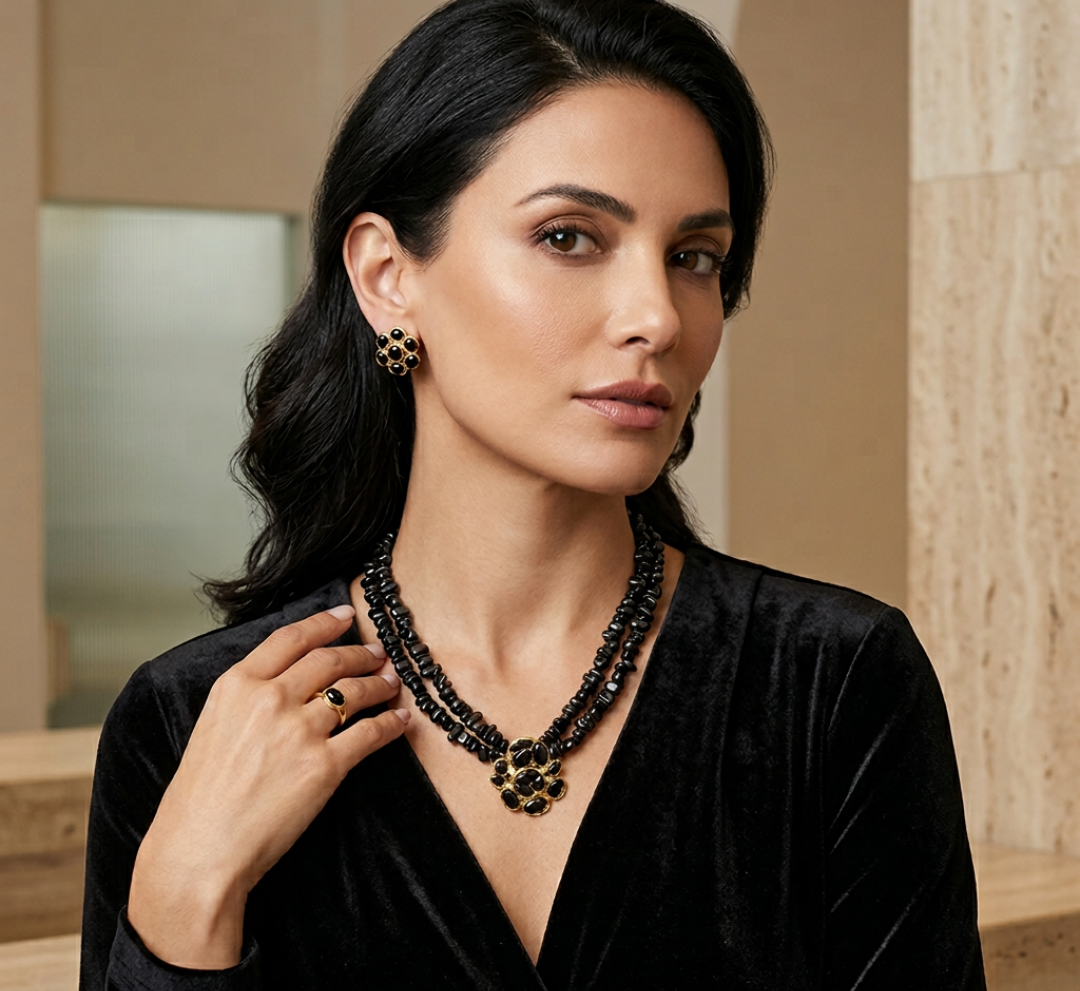 Onyx necklace with repurposed vintage brooch