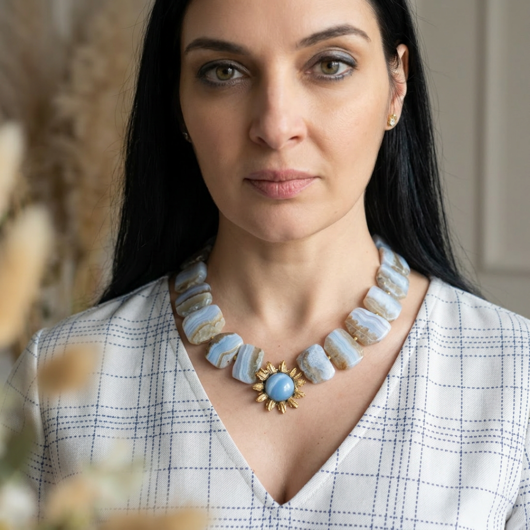 Chalcedony necklace with vintage brooch