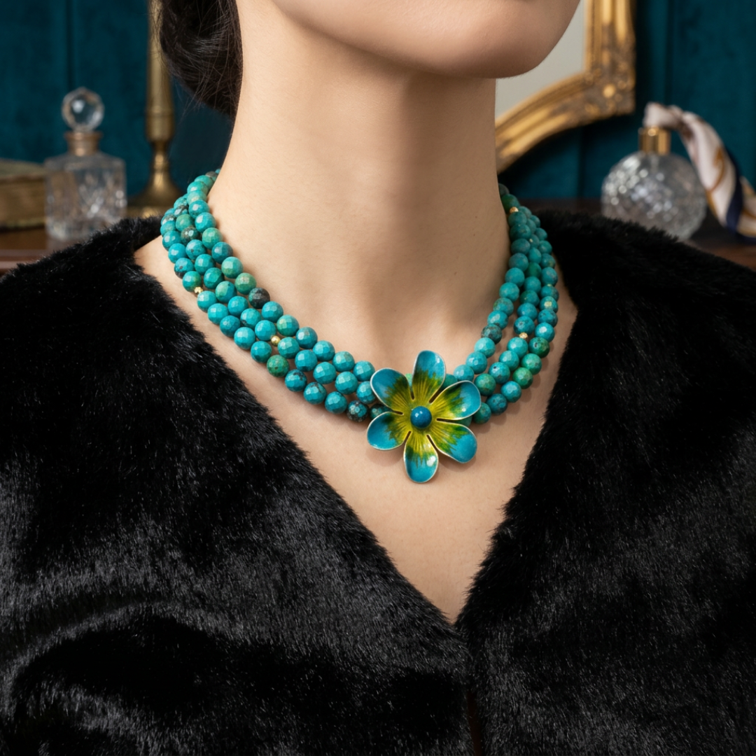 Jade necklace with a matching vintage brooch