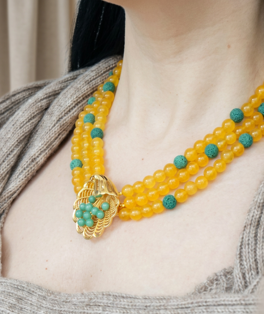 Jade and lava beads necklace with repurposed vintage brooch