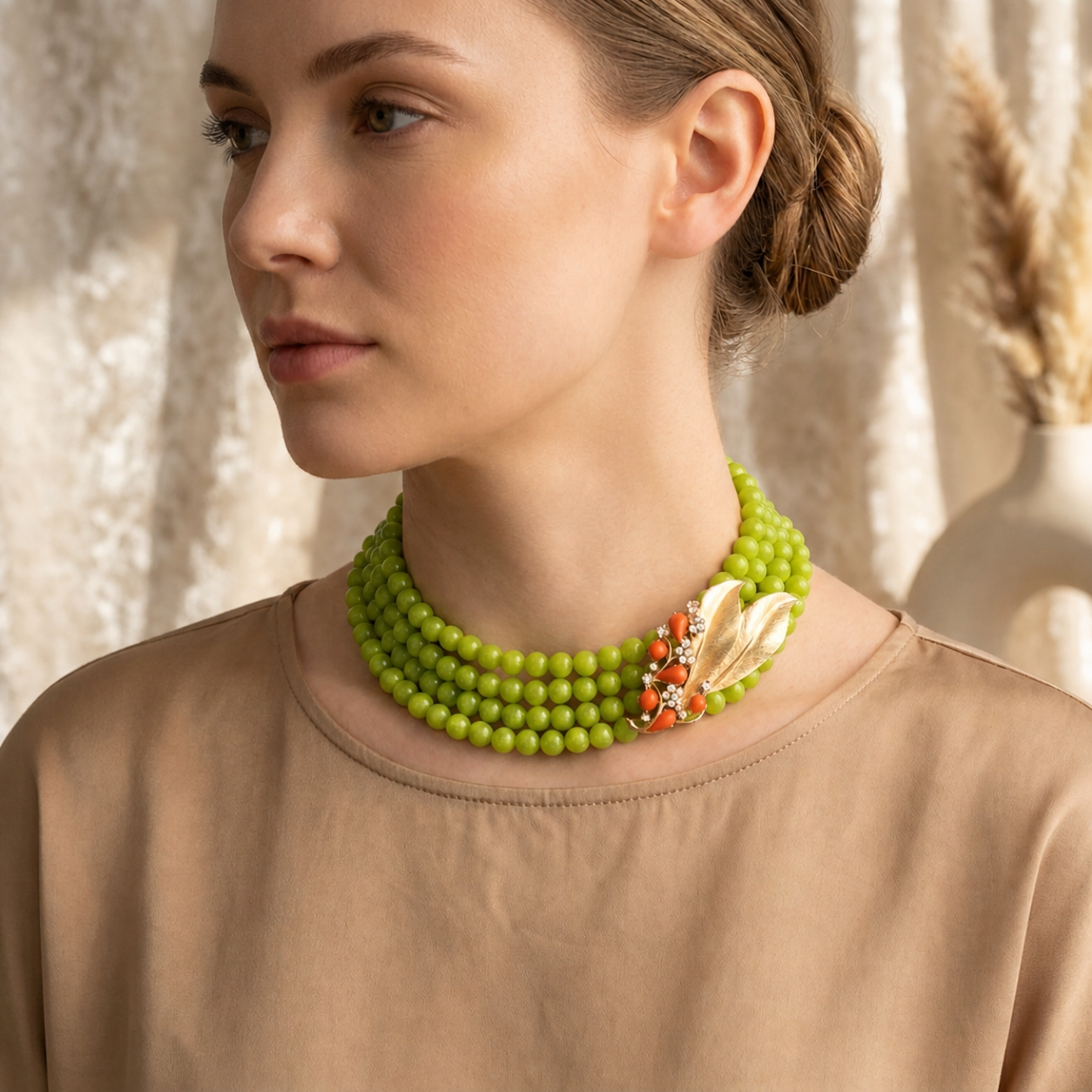 Jade necklace with curated vintage brooch