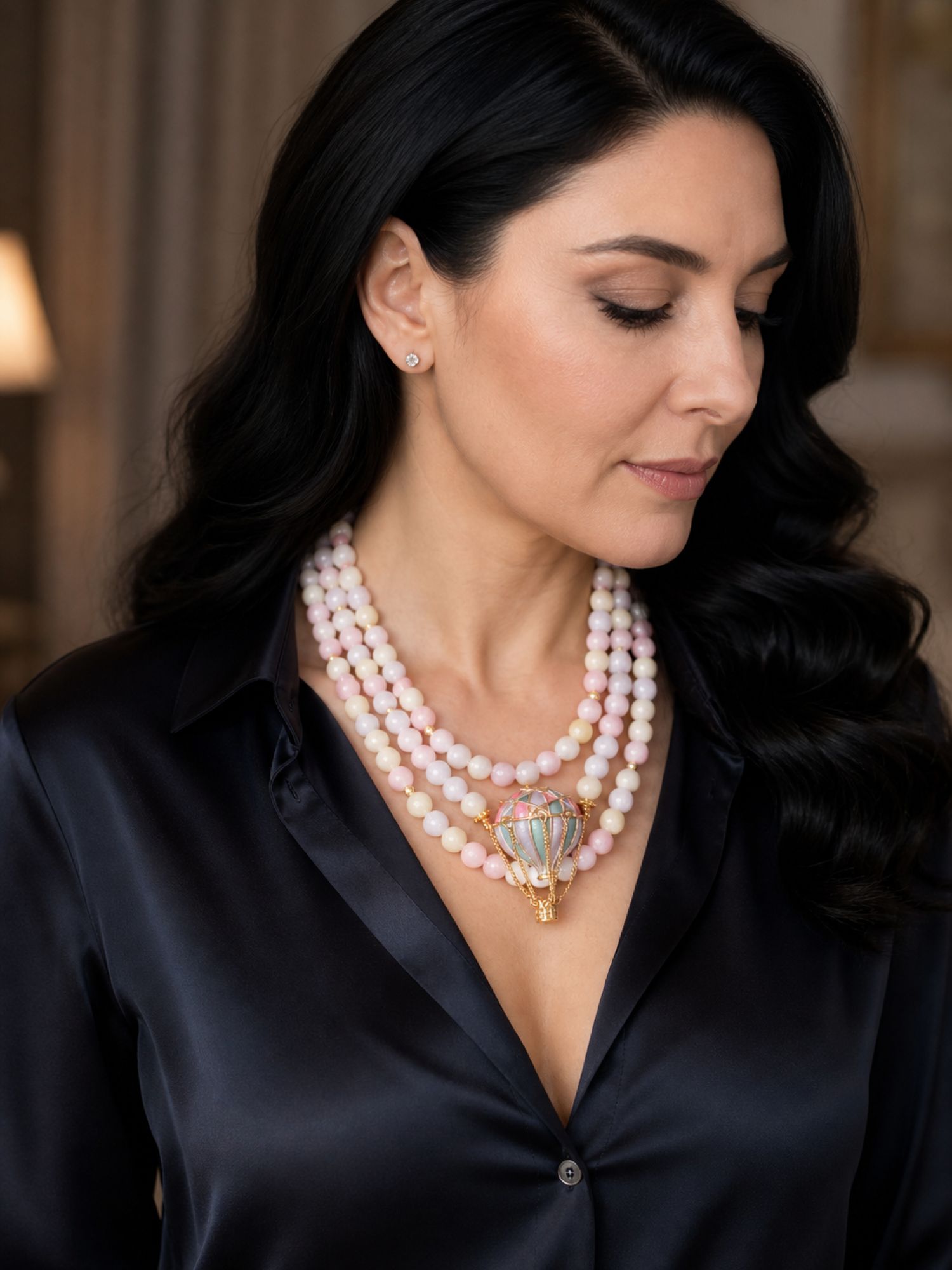 Morganite Statement Necklace with Hot Air Balloon Brooch