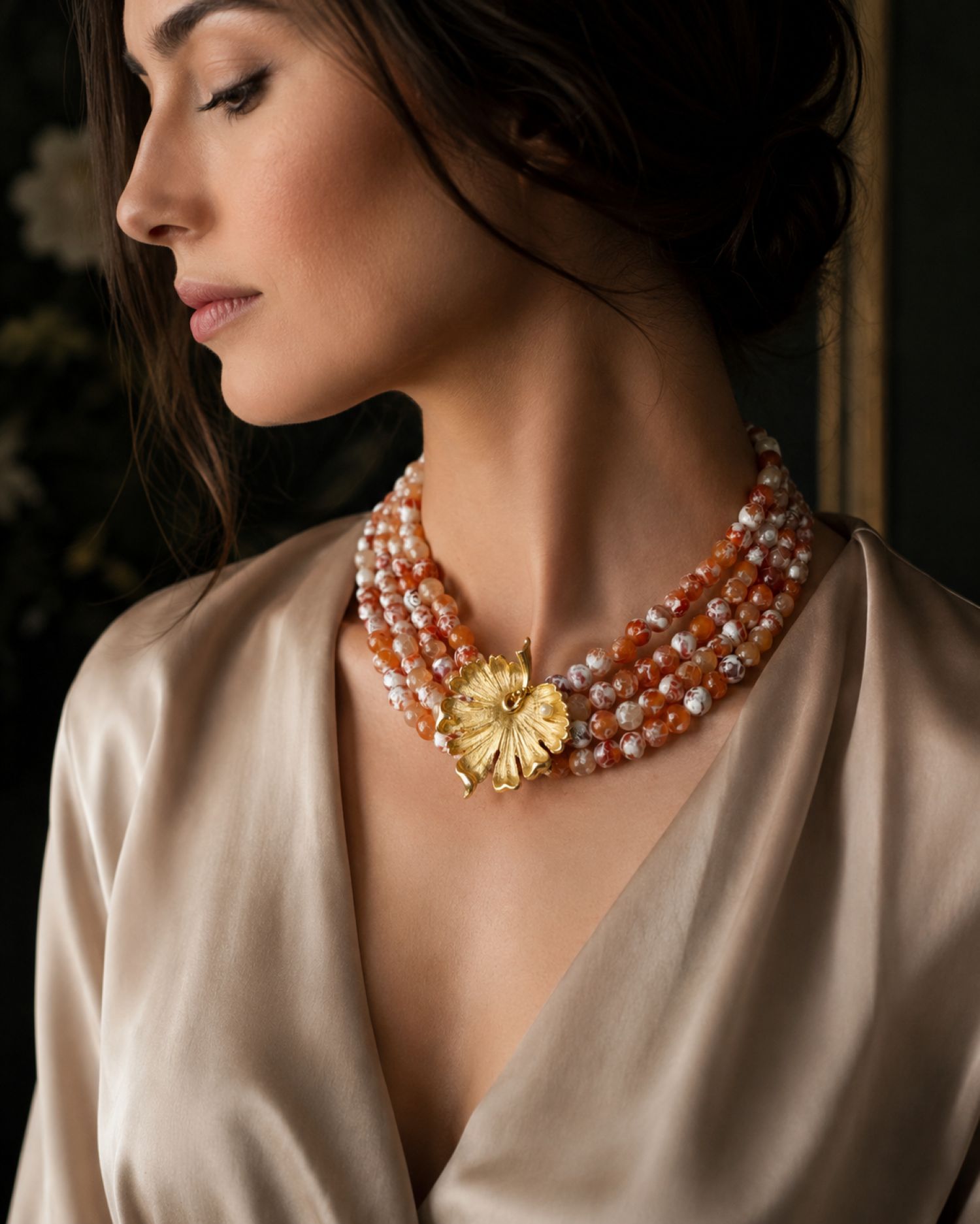 Crackle Agate Statement Necklace with Vintage Leaf Brooch
