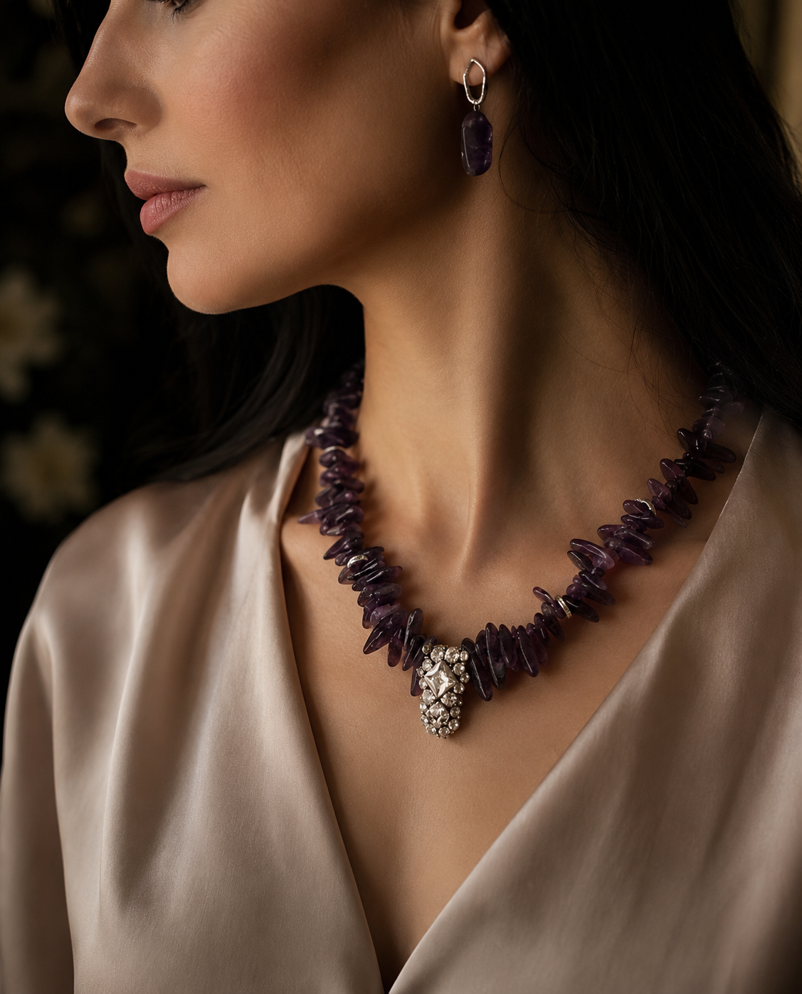 Amethyst Statement Necklace with Crystal Pendant |