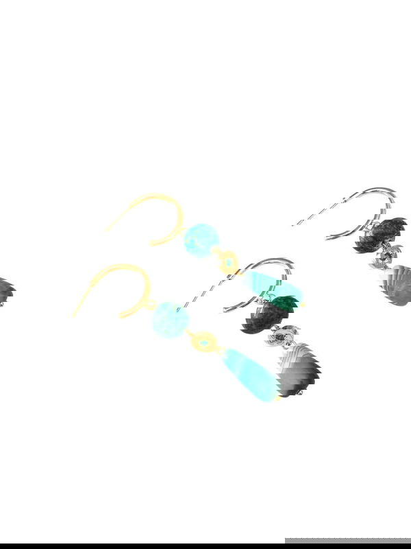 Gold plated hoop earrings with chrysocolla, zirconium & green jade