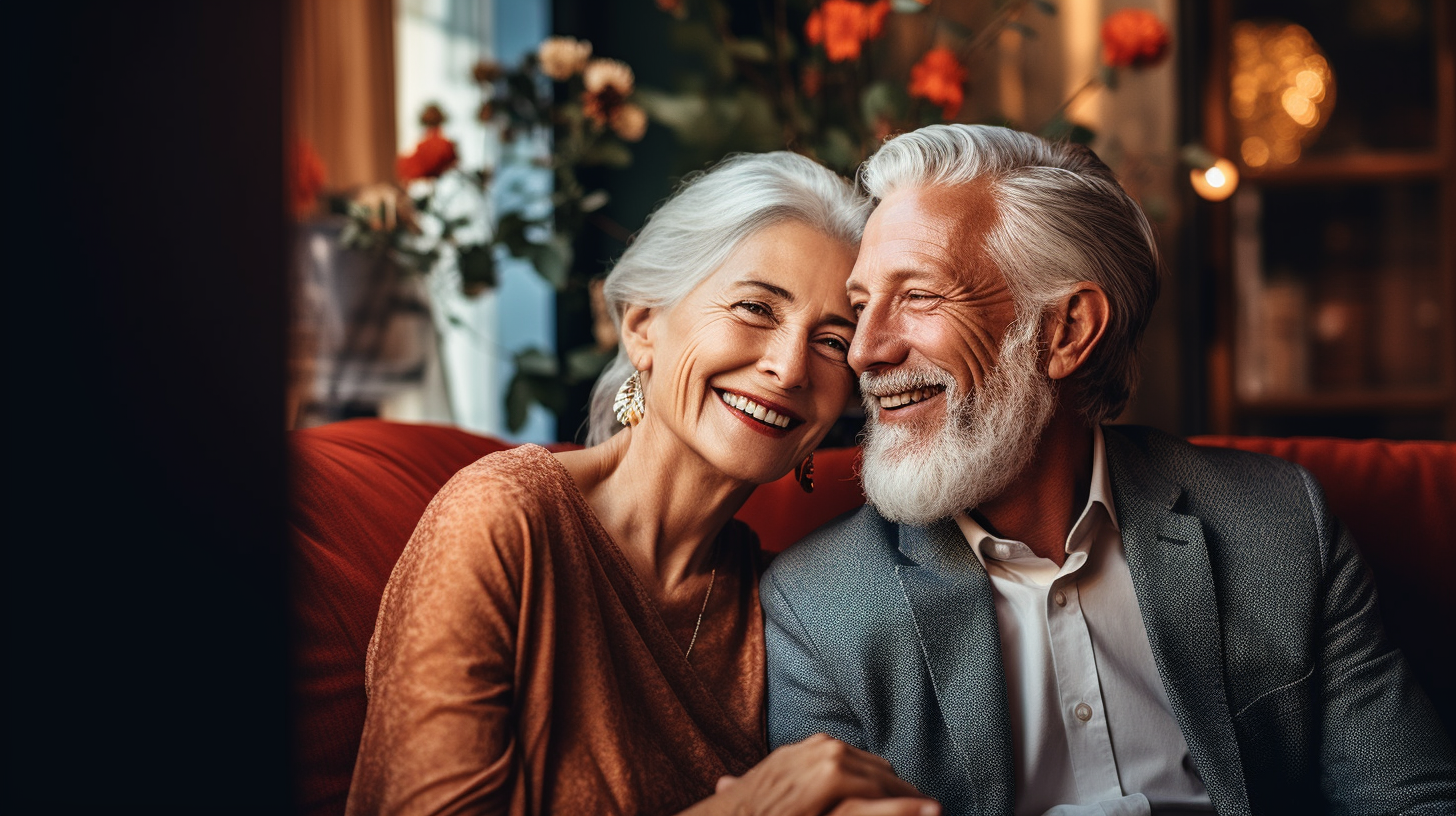  Elegant senior couple smiling, sitting in a cozy, luxurious home environment, celebrating timeless love and rejuvenation