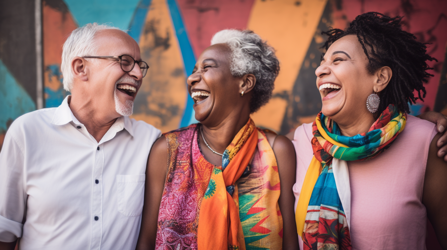 Close-up of a diverse group of senior people laughing together