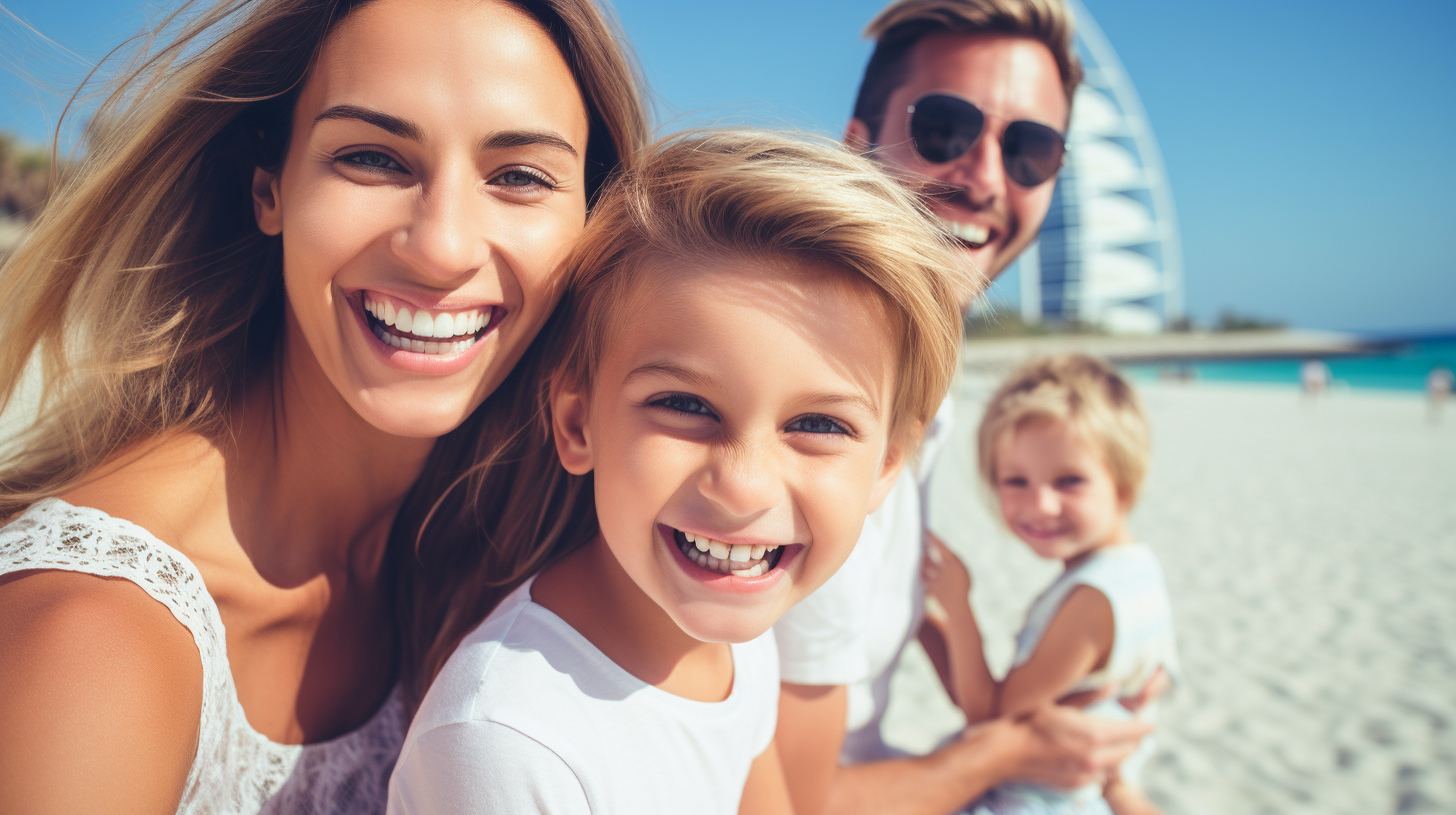 Happy family with perfect smiles enjoying a day out at Dubai's Jumeirah Beach, showcasing the successful outcomes of family orthodontic care