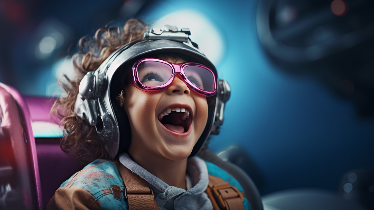  Child laughing while wearing oversized protective glasses during a dental checkup, highlighting the special approaches pediatric dentists use to create a fun experience.