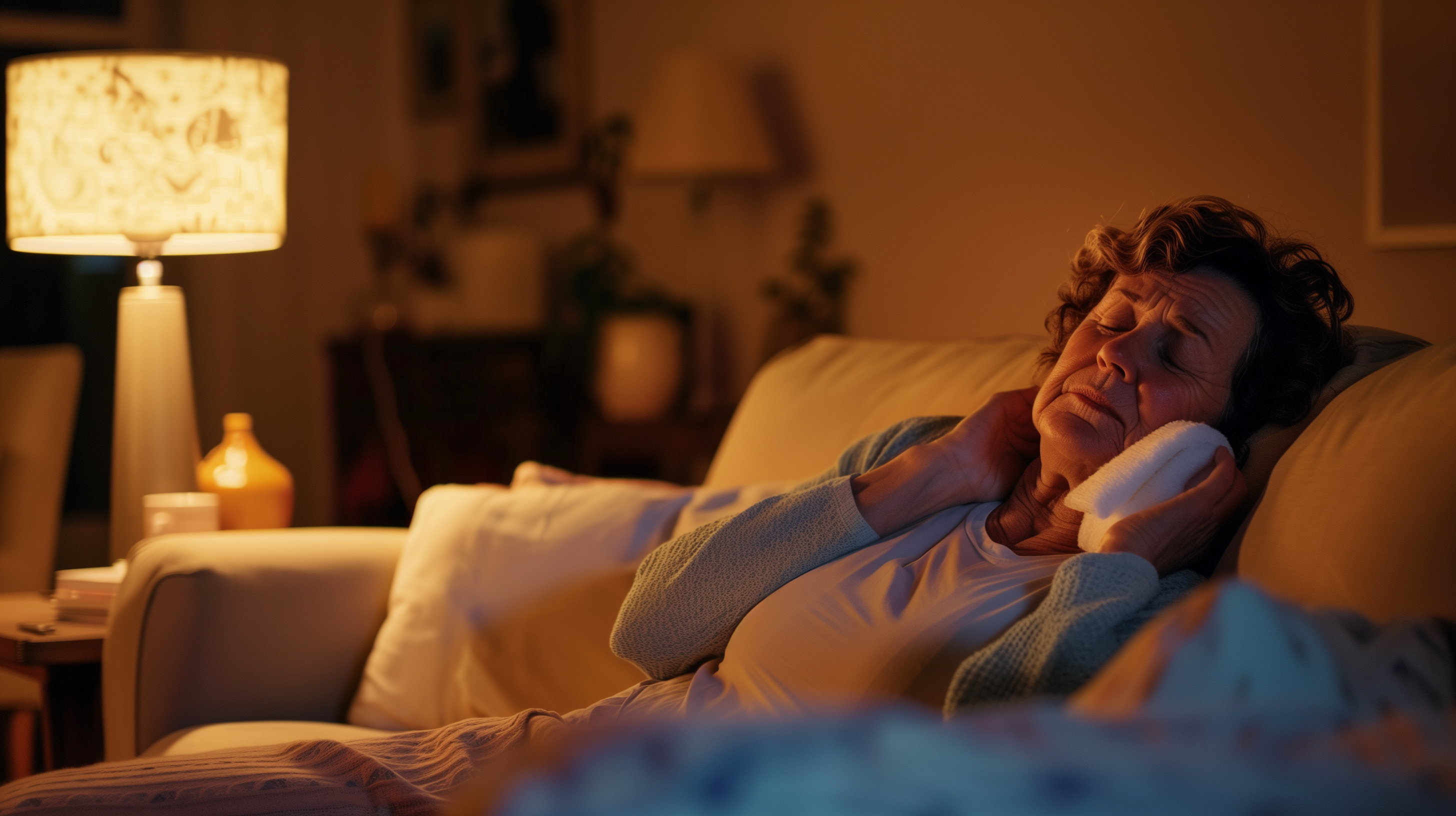 A middle-aged woman reclines on her living room couch, a cold compress pressed to her cheek, her eyes closed in a moment of respite from dental pain. The room is softly lit by the glow of a nearby lamp, casting a gentle light on her pained yet hopeful expression. A book lies forgotten on her lap, and a cup of herbal tea sits on the coffee table, suggesting comfort and self-care.